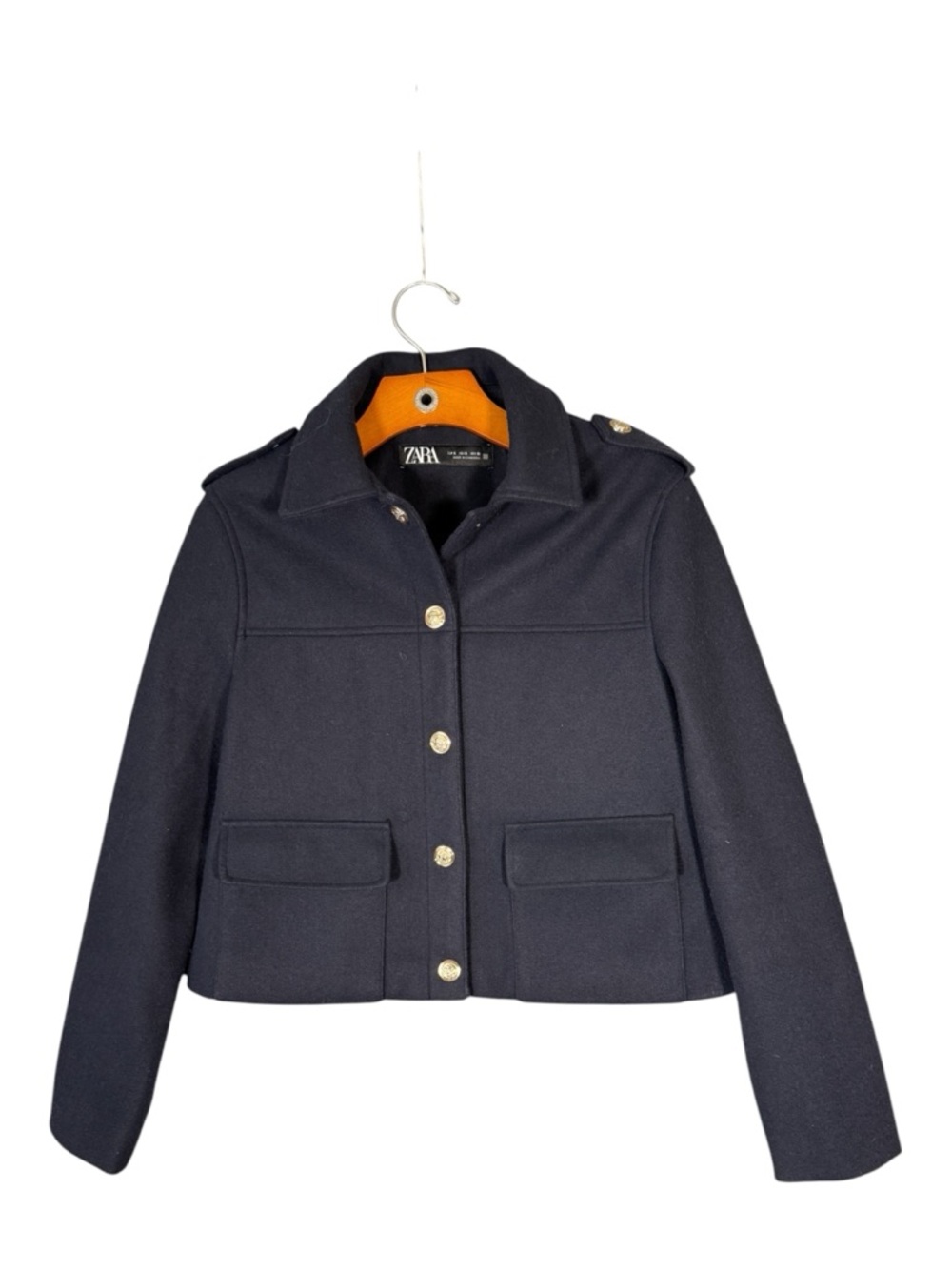 Zara Navy Blue Gold Buttons Structured Blazer Jacket Minimalist Military S